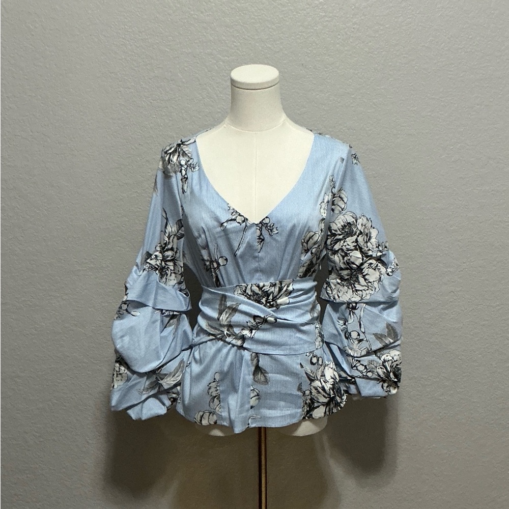 White House Black Market Light Blue Floral Wrap Blouse with Balloon Sleeves